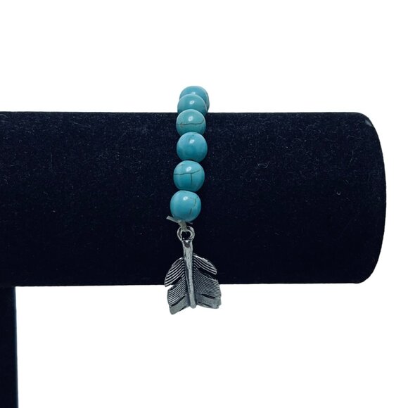 Faux Turquois Beads With Silver Tone Feather Stretch Bracelet (5493) - Picture 4 of 5